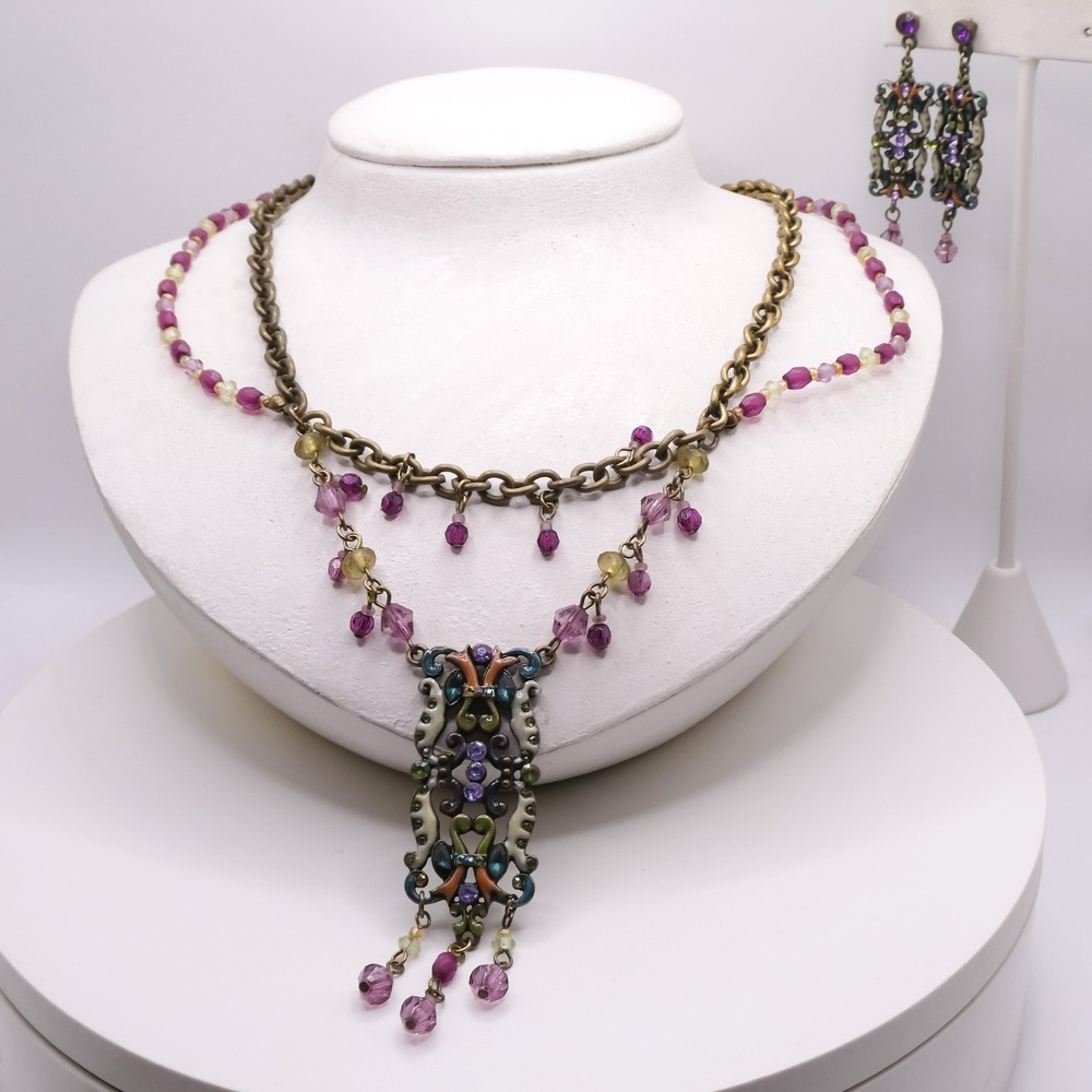 Vintage Purple Rhinestone & Enamel Beaded Festoon 20" Necklace & Earring Set
